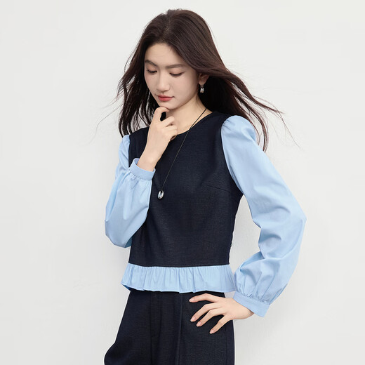 Sllsky commuter workplace style suit 2026 spring new fake two-piece top casual wide-leg pants two-piece set original color denim blue S