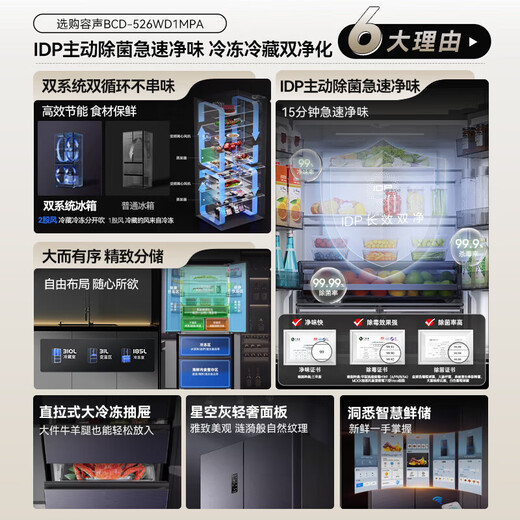 容声526L双净双系统法式多门四开门电冰箱家用一级能效风冷无霜节能大容量 IDP主动除菌BCD-526WD1MPA灰