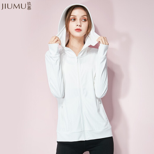 Jiumu women's sun protection clothing outdoor sunshade hooded face covering jacket spring and summer light and breathable sun protection clothing anti-UV sun protection shirt skin windbreaker YD002 angel white L size