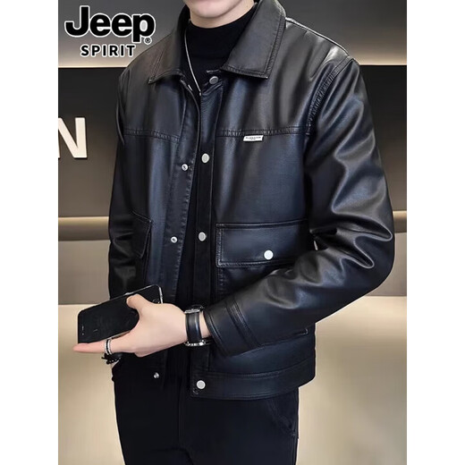 JEEP SPIRIT high-end sheepskin men's genuine leather jacket spring, autumn and winter new Haining motorcycle leather jacket men's jacket men 9878 black style plus velvet M 100-115Jin Jin is equal to 0.5 kg