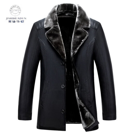 YISHion new winter wear PU fur one-piece men's jacket winter lapel plus velvet thickened coat men's business leather jacket brown M (170)