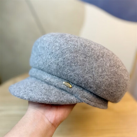 MPPMCK autumn and winter simple solid color beret wool blend warm and comfortable octagonal hat Japanese literary lady painter hat gray one size