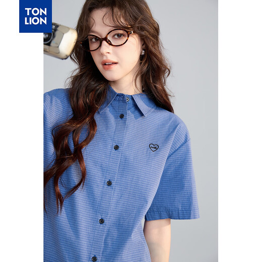 TonLion 2026 Summer Women's Plaid Short-Sleeved Shirt Star Ocean Blue S