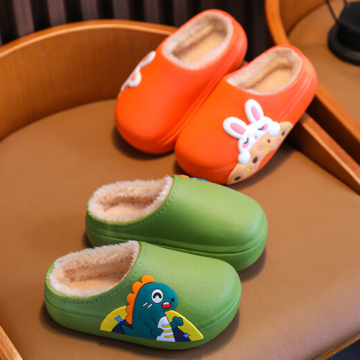 Children's velvet cotton slippers, waterproof, non-slip, warm and toe-toe, dark green, size 28-29/inner length 18 cm