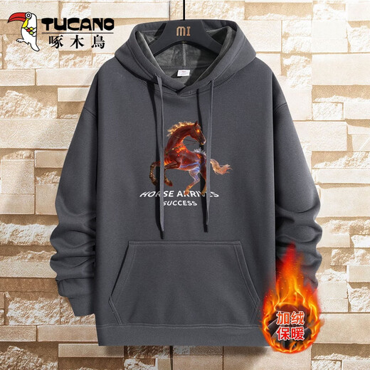 Woodpecker (TUCANO) velvet sweatshirt men's autumn and winter new thickened warm inner hooded tops men's casual men's sweatshirt black/flame horse white velvet M (weight 100-115Jin Jin equals 0.5kg, height 160-170)