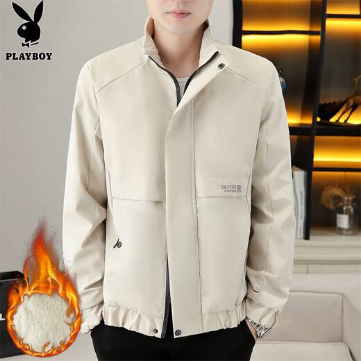 Playboy (PLAYBOY) Jacket Men's Velvet Thickened Jacket Men's Autumn and Winter Workwear Casual High-End Warm Cotton Clothes Beige Velvet XL Recommended 120-135Jin Jin equals 0.5 kg