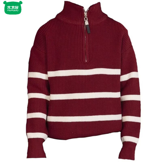 Wooden house parent-child clothing for a family of three and four, striped half-zip autumn, winter and Spring Festival mother-daughter clothing, mother-child knitted sweater, New Year sweater, burgundy sweater 140 children's clothing