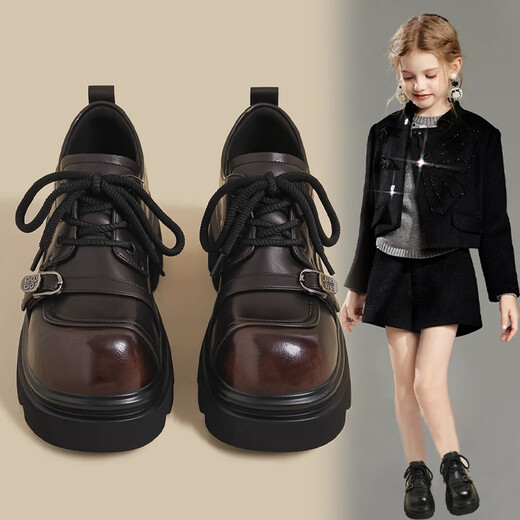 SHULION Girls' Leather Shoes 2026 Spring New Medium and Large Children's Non-Slip Soft Sole Girls Campus Princess Shoes British Style Loafers Black 38 Shoe Inner Length 24.0 cm (One Size Larger)