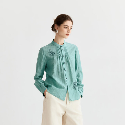 EIN Yan Art Rose Jacquard Lightweight Accordion Stand Collar Long Sleeve Short Shirt Women 2026 Early Spring New Lake Blue S