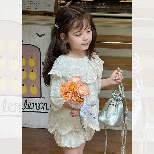 SEVEN BOBI No. 7 Children's Warehouse Girls' Korean Style Western Style Lapel Embroidered Jacquard Shirt Summer New Style Lace Trim Shorts Trendy Off-White Shirt Ready in Stock 120 cm