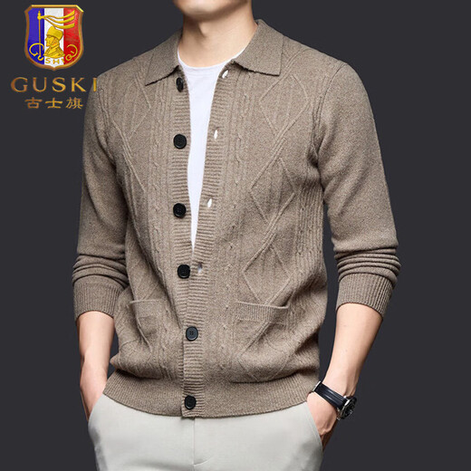 GUSKI light luxury brand high-end men's pure wool sweater men's casual knitted cardigan business warm sweater solid color bottoming shirt camel exquisite gift box L (110)