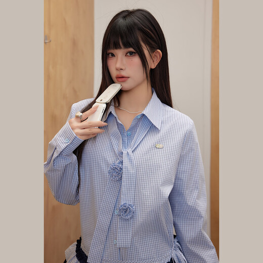 UNIFREEPLUS+ Clear Sea Salt Blue Slim Plaid Shirt Large Size Long Sleeve Shirt Front Shoulder Top Blue S