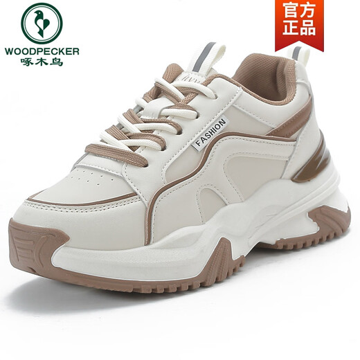 Woodpecker genuine leather dad shoes for women 2026 new spring all-match casual sports shoes soft sole breathable mesh women's shoes khaki (plus velvet) 38