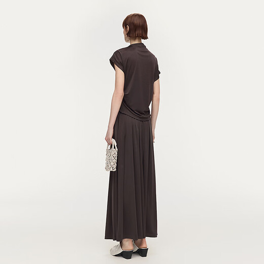 AUM Easy Suit 2026 Spring New Fashionable and Comfortable Imported Knitted Diagonal Collar Pullover Skirt for Women Brown Top S