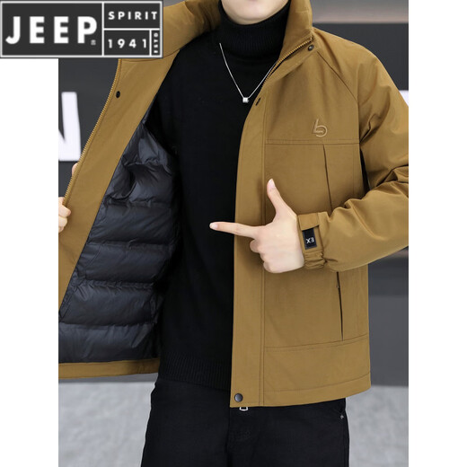 JEEP SPIRIT感轻薄款羽绒服男士冬季新款休闲立领保暖外套刺绣防寒服 咖色 M