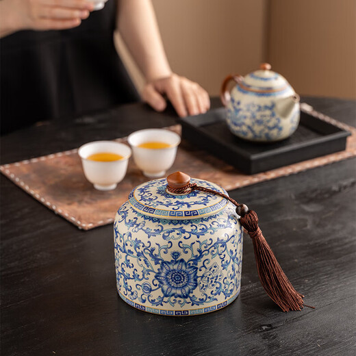 Jinpan blue and white Ru kiln tea jar large high-end sealed jar household ceramic moisture-proof tea jar Chinese tea storage tea jar Panzhilian blue and white Ru kiln-large tea jar