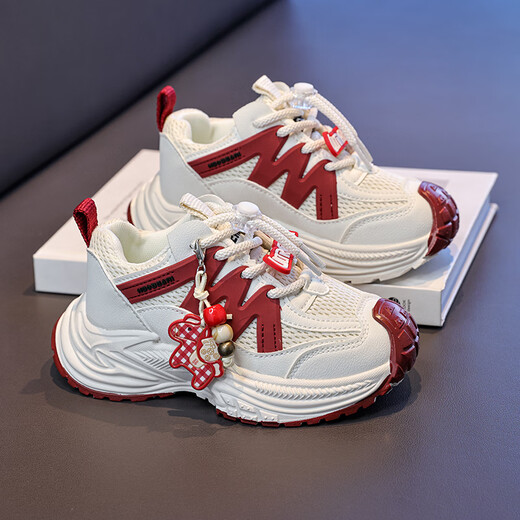 Chiyun Children's Shoes 2026 Spring Mesh Breathable Children's Sports Shoes Fashion Casual Shoes Girls Campus Running Dad Shoes Red 26