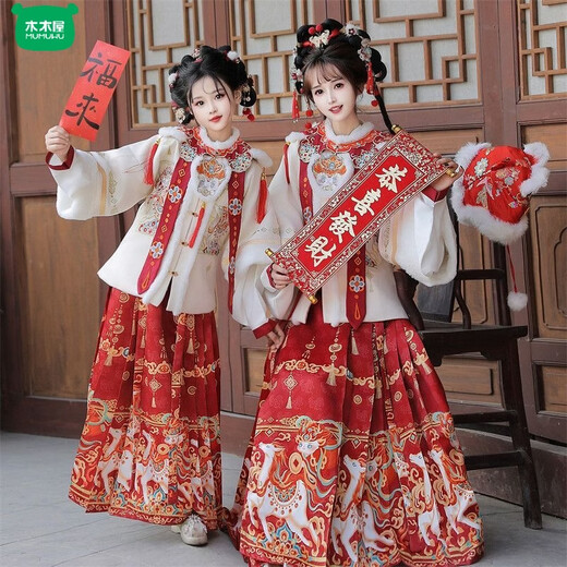 Wooden wooden house original winter style parent-child clear-cut cloud shoulder red festive New Year's Hanfu for women with velvet and thickened heavy embroidery style red single-piece jacket for welcoming wealth 120