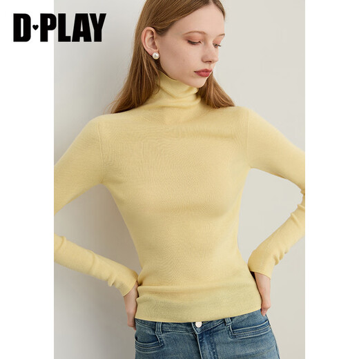 DPLAY 2025 Autumn New Yellow Knitted Sweater Women's Seamless One-piece 100 Wool Top Slim Fit Bottoming Shirt Cream Yellow S