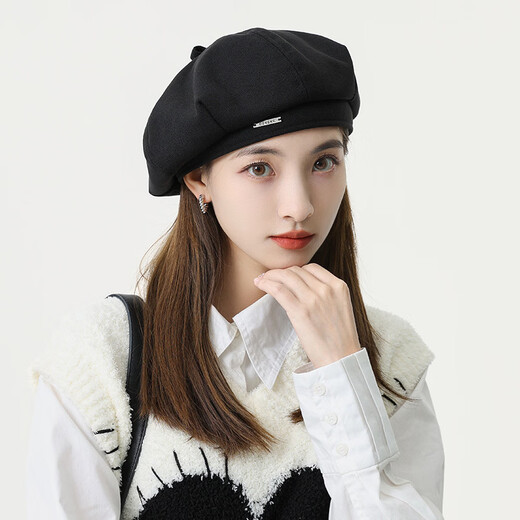 Autumn and winter woolen metal beret hat for women, octagonal hat, large head circumference, small face, fashionable literary painter hat, flat top, black, original high quality, one size fits all