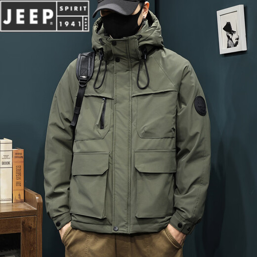JEEP SPIRIT90 Куртка на утином пуху Мужская зимняя рабочая куртка Куртка с капюшоном Новая теплая утепленная одежда Trend Army Green M 100-125Jin Jin равен 0,5 кг