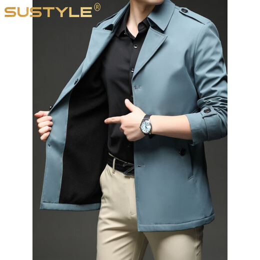 SUSTYLE国际奢侈品牌2025春秋冬季新款风衣青年男士纯色翻领外套 春秋黑色 薄款 8XL (可穿245-265斤)