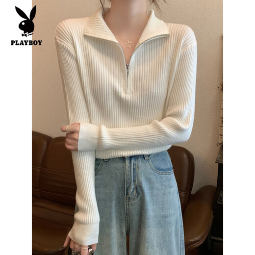 Playboy (PLAYBOY) new spring, autumn and winter stand-up collar long-sleeved bottoming sweater top can be worn outside with a zipper sweater inside with a western style. White, one size fits all, high elasticity, 70-125Jin Jin is equal to 0.5 kg