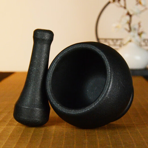 ZNMW natural black gold stone mortar stone pounding garlic mortar mashing medicine jar mashing grinding powder retro stone stone pound body stone grinding black gold stone mortar (high foot) outer diameter 16cm