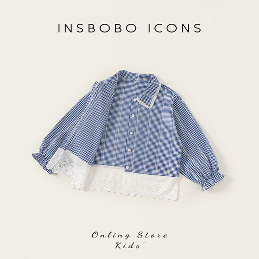 INSBOBO children's clothing girls jacket 2026 spring children's shirt girls sweet plaid shirt lace top blue and white plaid 110