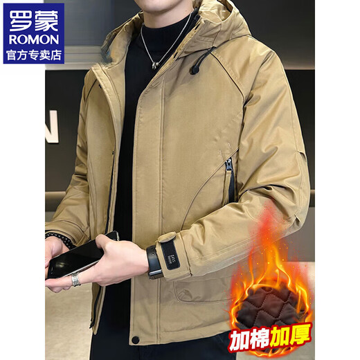 ROMON autumn and winter cotton thickened cotton clothes men's youth casual hooded jacket workwear style windproof jacket men's M1120 cotton khaki L (approximately 110-140Jin Jin equals 0.5 kg)