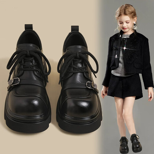 SHULION Girls' Leather Shoes 2026 Spring New Medium and Large Children's Non-Slip Soft Sole Girls Campus Princess Shoes British Style Loafers Black 38 Shoe Inner Length 24.0 cm (One Size Larger)
