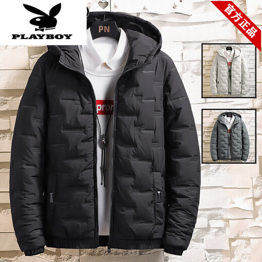 PLAYBOY brand men's clothing 2026 hooded men's winter jacket autumn and winter warm casual simple large size trendy black XL