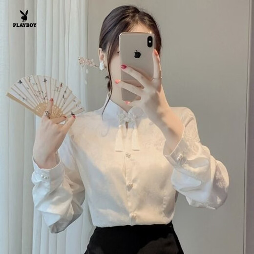 Playboy (PLAYBOY) new Chinese style plate button stand collar shirt women's design niche women's casual national style shirt spring light national style top official flagship white follow the store for priority delivery XS