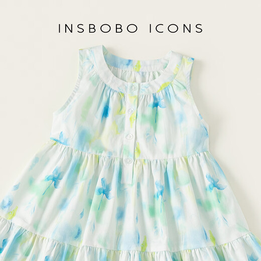 INSBOBO Children's Clothing Girls Dress 2026 Summer New Girls Printed Skirt Children's Tank Top Summer Dress Blue Green 110