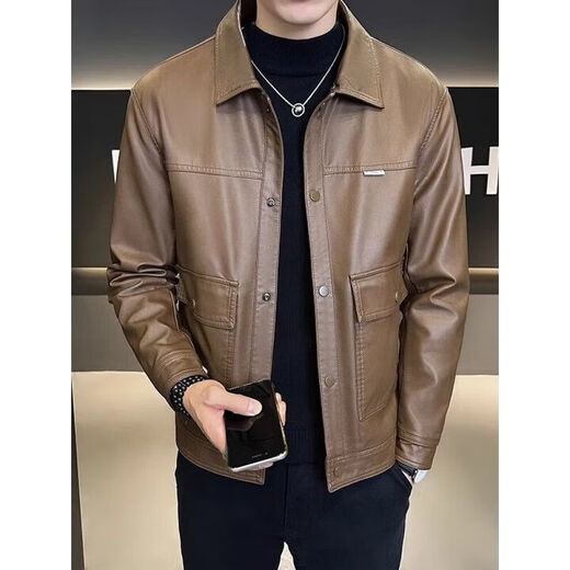 JEEP SPIRIT high-end sheepskin men's genuine leather jacket spring, autumn and winter new Haining motorcycle leather jacket men's jacket men 9878 black style plus velvet M 100-115Jin Jin is equal to 0.5 kg
