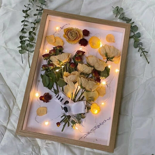 Valentine's Day Gift Hollow Three-dimensional Photo Frame Dried Flower Preservation Handmade DIY Picture Frame Eternal Rose Specimen Setting White + Ribbon + Glue + Backing Paper + Lantern A4 Suitable for 10-20 Flowers