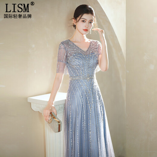 LISM Designer International Light Luxury Brand Evening Dress High-end Light Luxury Niche 2026 Temperament Happy Mom Wedding Banquet Toast Wear Purple Blue S