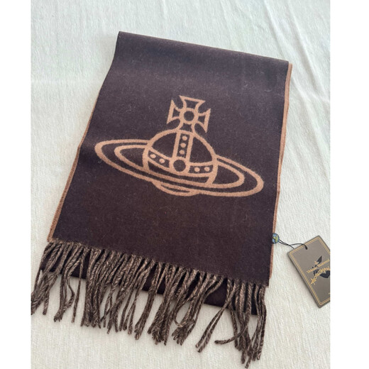 Vivienne Westwood Saturn pattern printed tassel velvet scarf, same style for men and women, New Year gift for couples, 8053195325931 camel color