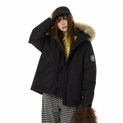 GROUND ZERO couple's large fur collar workwear style design 90 white duck down warm hooded down jacket black L