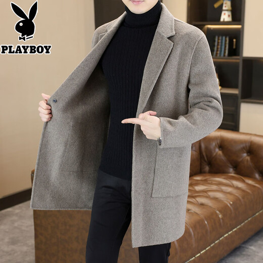 Playboy (PLAYBOY) mid-length woolen coat men's high-end light luxury double-sided woolen coat men's long high-end winter windbreaker men's black XL recommended 135-150Jin Jin equals 0.5 kg