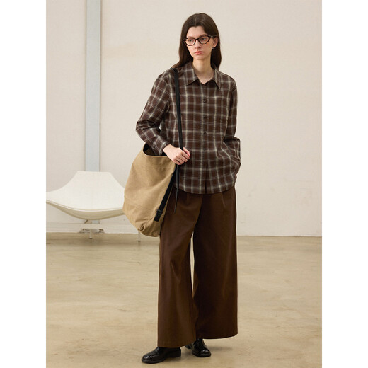 CHALAMON red coffee plaid high-end long-sleeved shirt for women in spring and autumn versatile loose plaid shirt red coffee plaid S