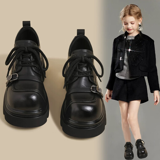 SHULION Girls' Leather Shoes 2026 Spring New Medium and Large Children's Non-Slip Soft Sole Girls Campus Princess Shoes British Style Loafers Black 38 Shoe Inner Length 24.0 cm (One Size Larger)