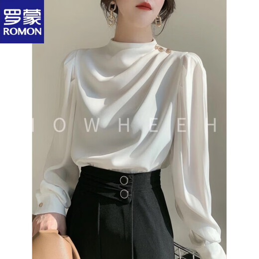 ROMON shirt women's high-end temperament retro French shirt satin acetate professional light luxury fashion stand-up collar top high-end burgundy S