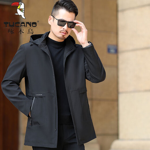 Woodpecker (TUCANO) middle-aged men's mid-length hooded windbreaker, middle-aged and elderly dad's spring and autumn coat, mature and stable casual jacket for men, black <long version> hooded M 170