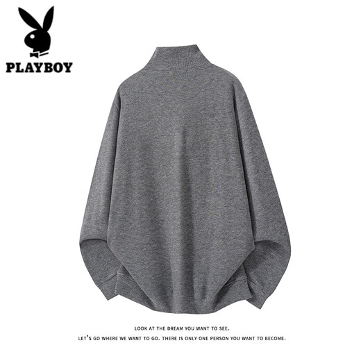 Playboy (PLAYBOY) American diagonal zipper sweatshirt men's spring and autumn velvet design long-sleeved T-shirt heavyweight thickened warm inner top dark gray M