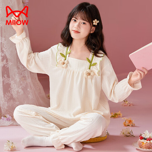MiiOW children's pajamas girls pure cotton long-sleeved spring, autumn and winter palace-style big children's and girls' home wear suits with chest pads 44300# ice blue 170 size 12 (recommended height 115-125CM. Weight 50Jin Jin is equal to about 0.5 kg