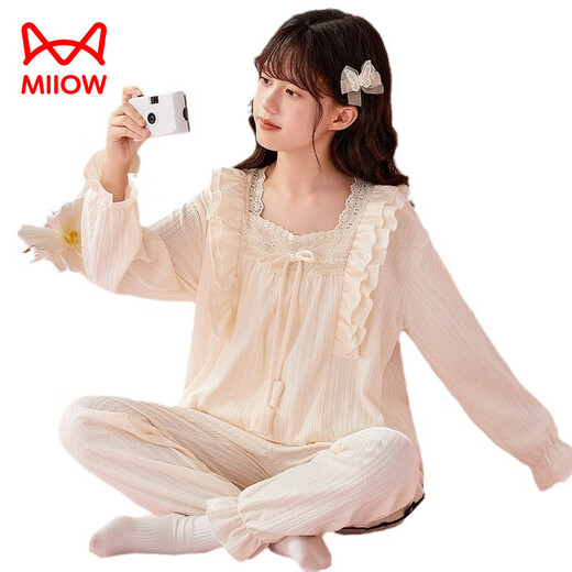 MiiOW children's pajamas girls pure cotton long-sleeved spring, autumn and winter palace-style big children's and girls' home wear suits with chest pads 44300# ice blue 170 size 12 (recommended height 115-125CM. Weight 50Jin Jin is equal to about 0.5 kg