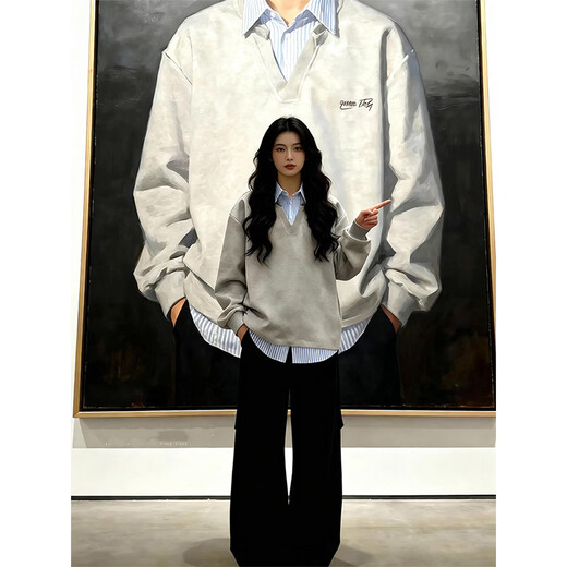 Qumile fake two-piece plaid patchwork sweatshirt for men in spring, loose, trendy, right-shoulder, long-sleeved T-shirt, American-style inner layering top, gray-striped XL