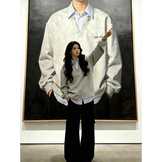 Qumile fake two-piece plaid patchwork sweatshirt for men in spring, loose, trendy, right-shoulder, long-sleeved T-shirt, American-style inner layering top, gray-striped XL