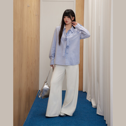 UNIFREEPLUS+ Clear Sea Salt Blue Slim Plaid Shirt Large Size Long Sleeve Shirt Front Shoulder Top Blue S